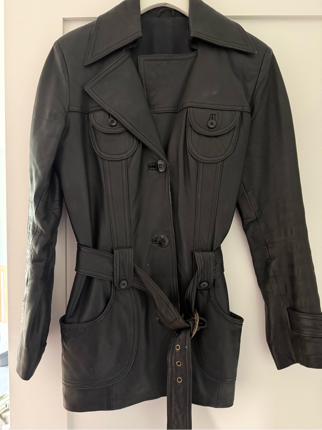 Women's Black Leather Trench Coat With Belt